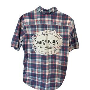 True Religion plaid cotton 3/4 zip Large Blue Red